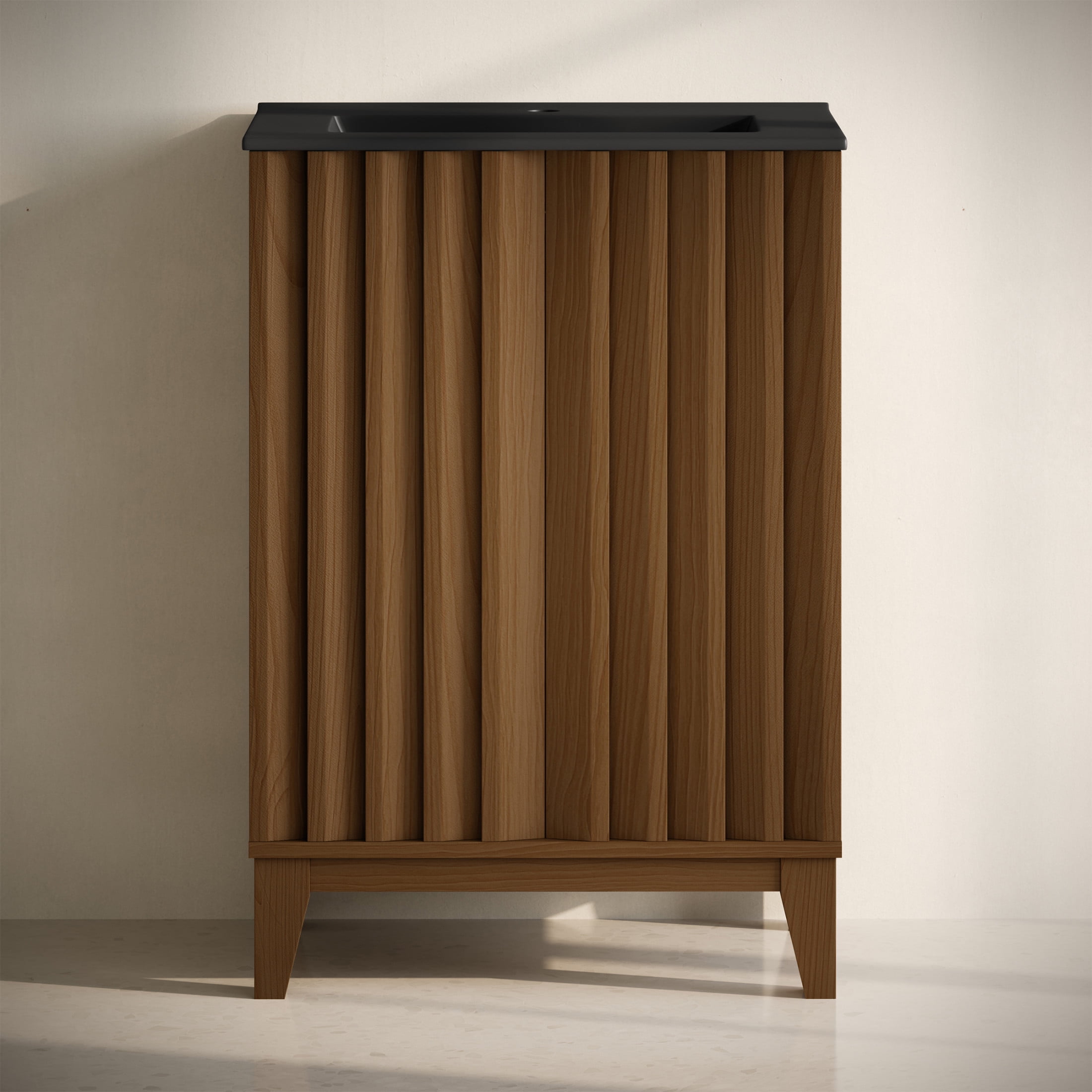 Troyes 24" Brown Oak Freestanding Vanity with Matte Black Sink Top