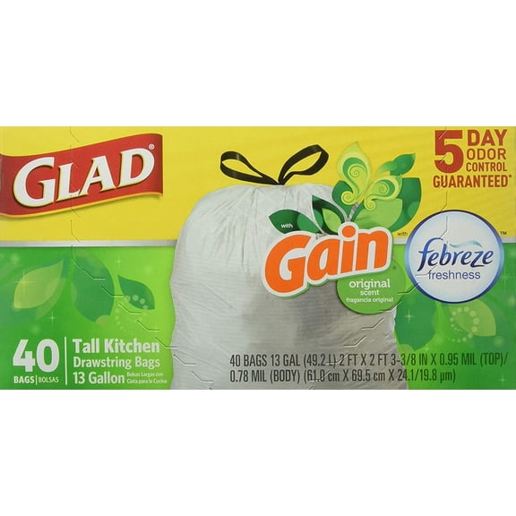Glad OdorShield Trash Bags Gain Original Scent Drawstring - 13 Gal - 40 Pack