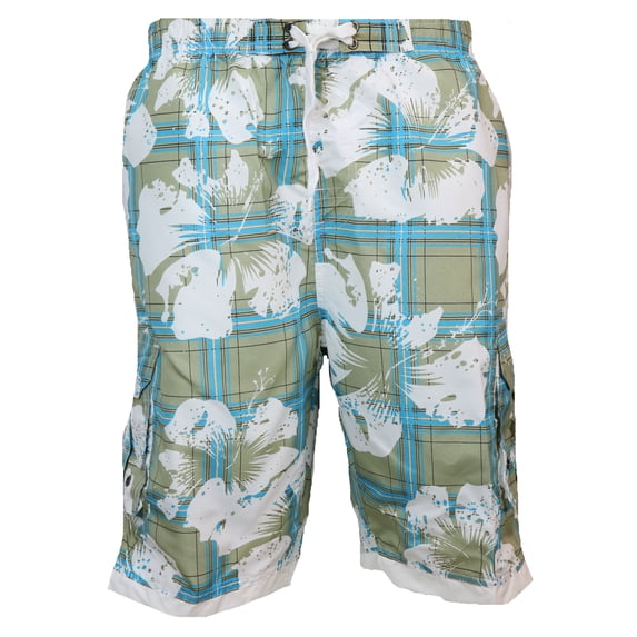 Tru Cal Men's 100% Polyester Tropical Plaid Swim Trunks with Side Slit Pockets-Green-Medium