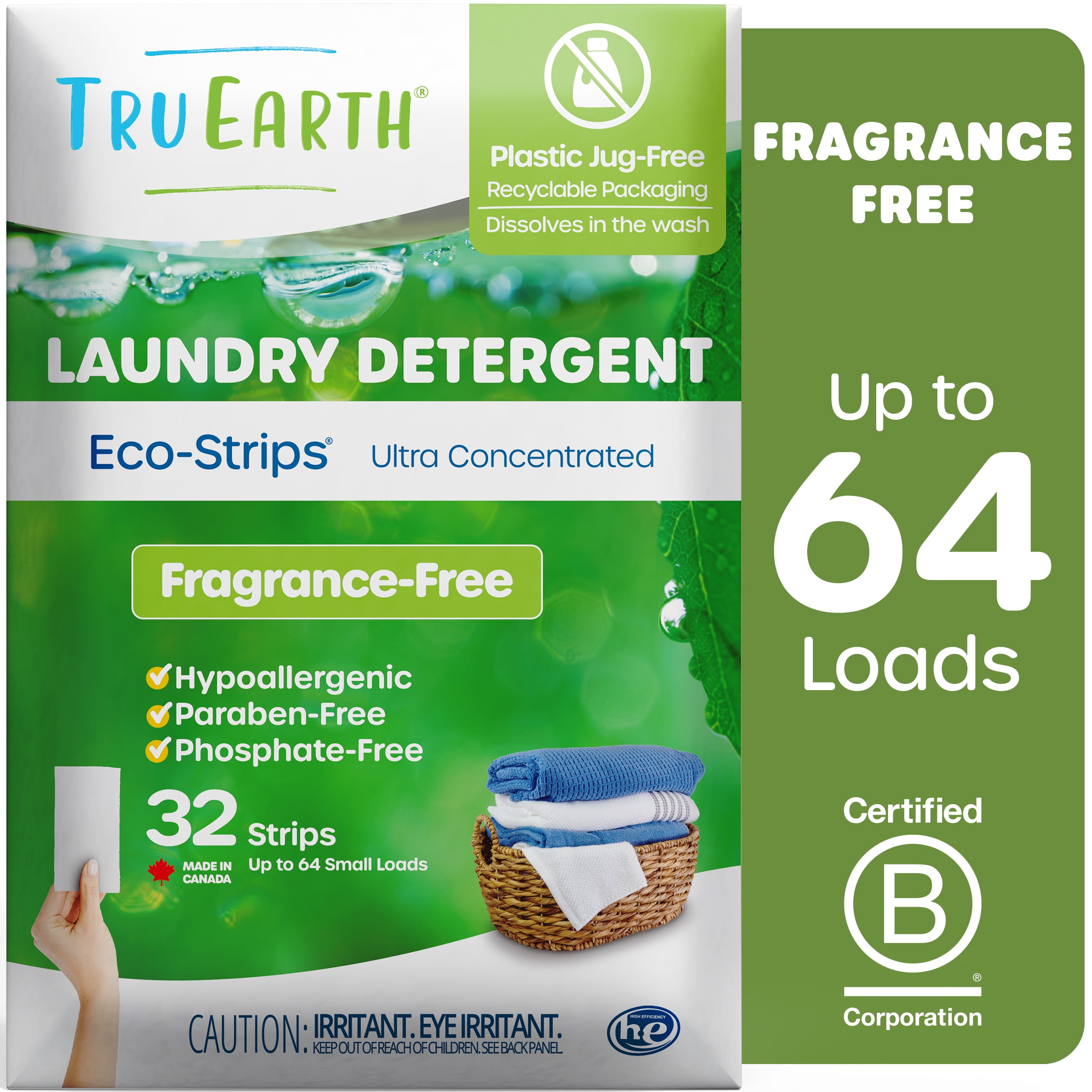 Tru Earth Laundry Detergent Sheets - Unscented / Fragrance-Free - Up to 64 Loads (32 Sheets) - Laundry Detergent Eco-Strips