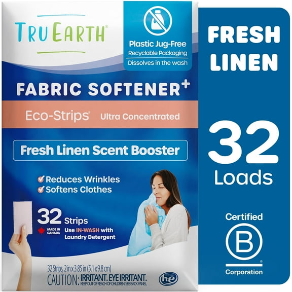 Tru Earth In-Wash Fabric Softener Sheets - Fresh Linen Scent Booster - 32 Counts - Fabric Softener Eco-Strips