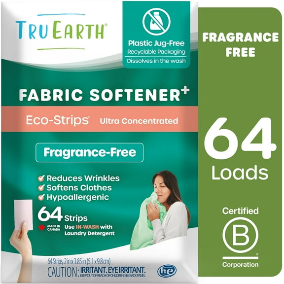 Tru Earth In-Wash Fabric Softener Sheets - Unscented / Fragrance-Free - 64 Counts - Fabric Softener Eco-Strips