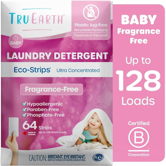 Tru Earth Laundry Detergent Sheets - Baby - Up to 128 Loads (64 Sheets) - Laundry Detergent Eco-Strips