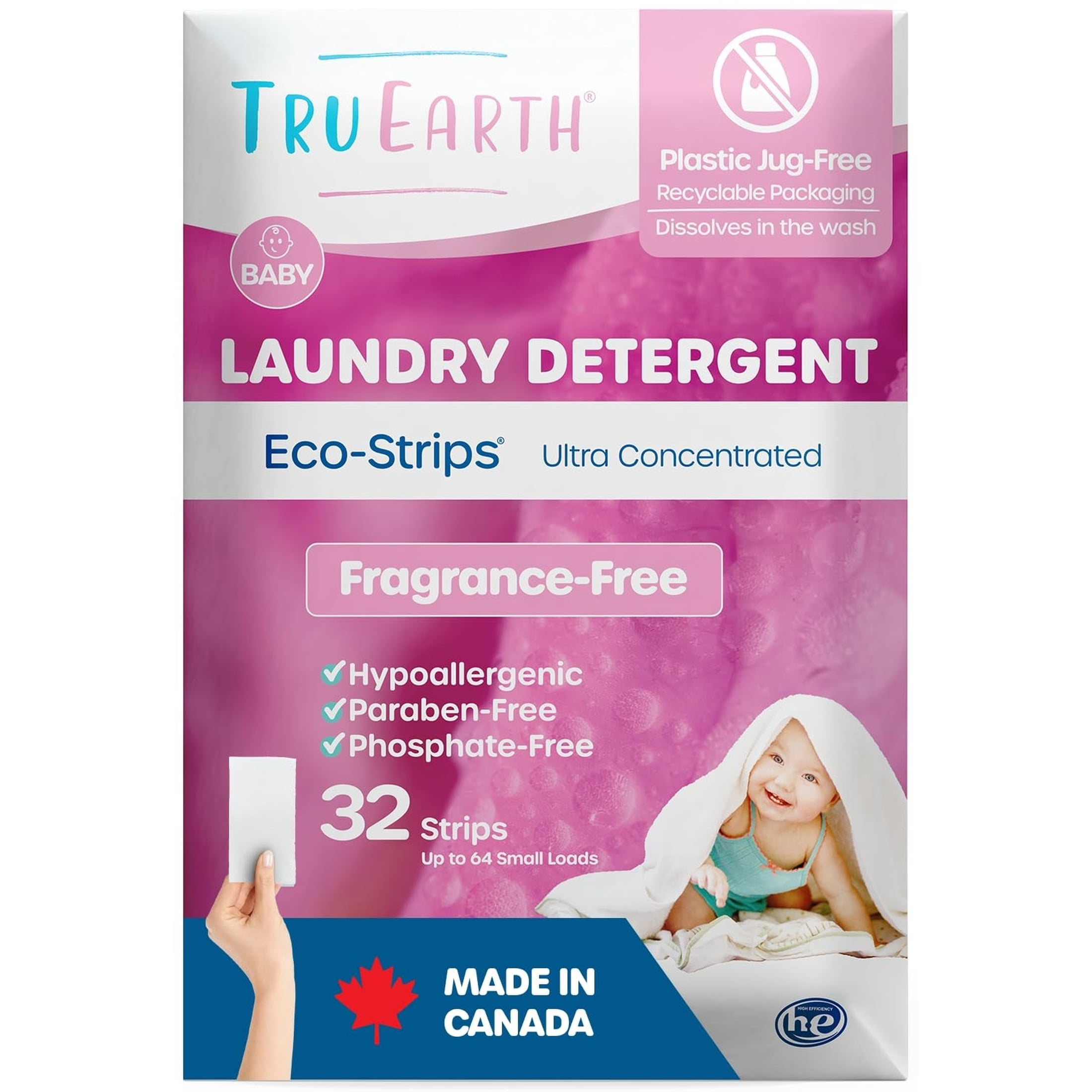 Tru Earth Hypoallergenic Baby Laundry Detergent Sheets/Eco-Strips for Sensitive Skin, 32 Count, Up to 64 Loads: Fragrance Free Detergent for Newborn, Infants, Toddlers, Children, Baby Clothes