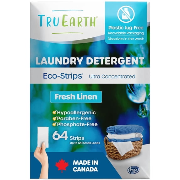 Tru Earth Compact Dry Laundry Detergent - Up to 128 Loads (64 Sheets) - Paraben-Free - Original Eco-Strip Liquidless Detergent, Travel - Fresh Linen | Packaging May Vary
