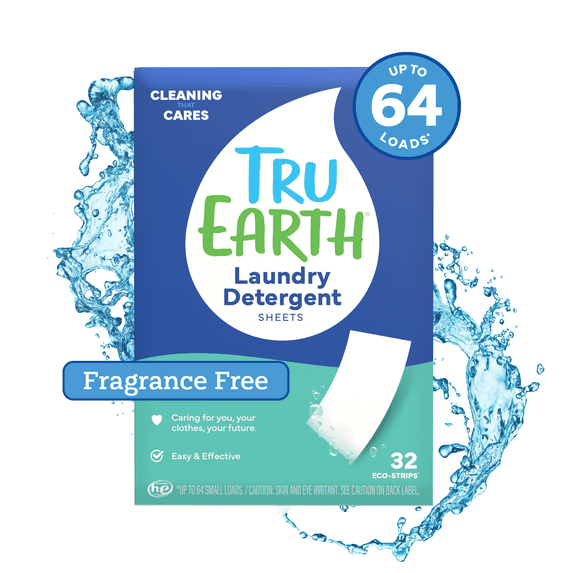 Tru Earth Laundry Detergent Sheets - Unscented / Fragrance-Free - Up to 64 Loads (32 Sheets) - Laundry Detergent Eco-Strips