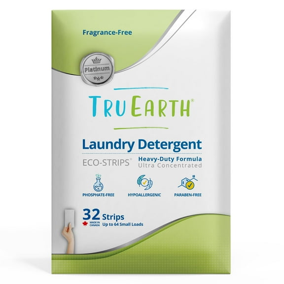 Tru Earth Platinum - Heavy Duty Laundry Detergent Sheets - Up to 64 Loads (32 Count), Fragrance Free - Ultra-Concentrated Strips Formula - Eco-Friendly Laundry Sheets