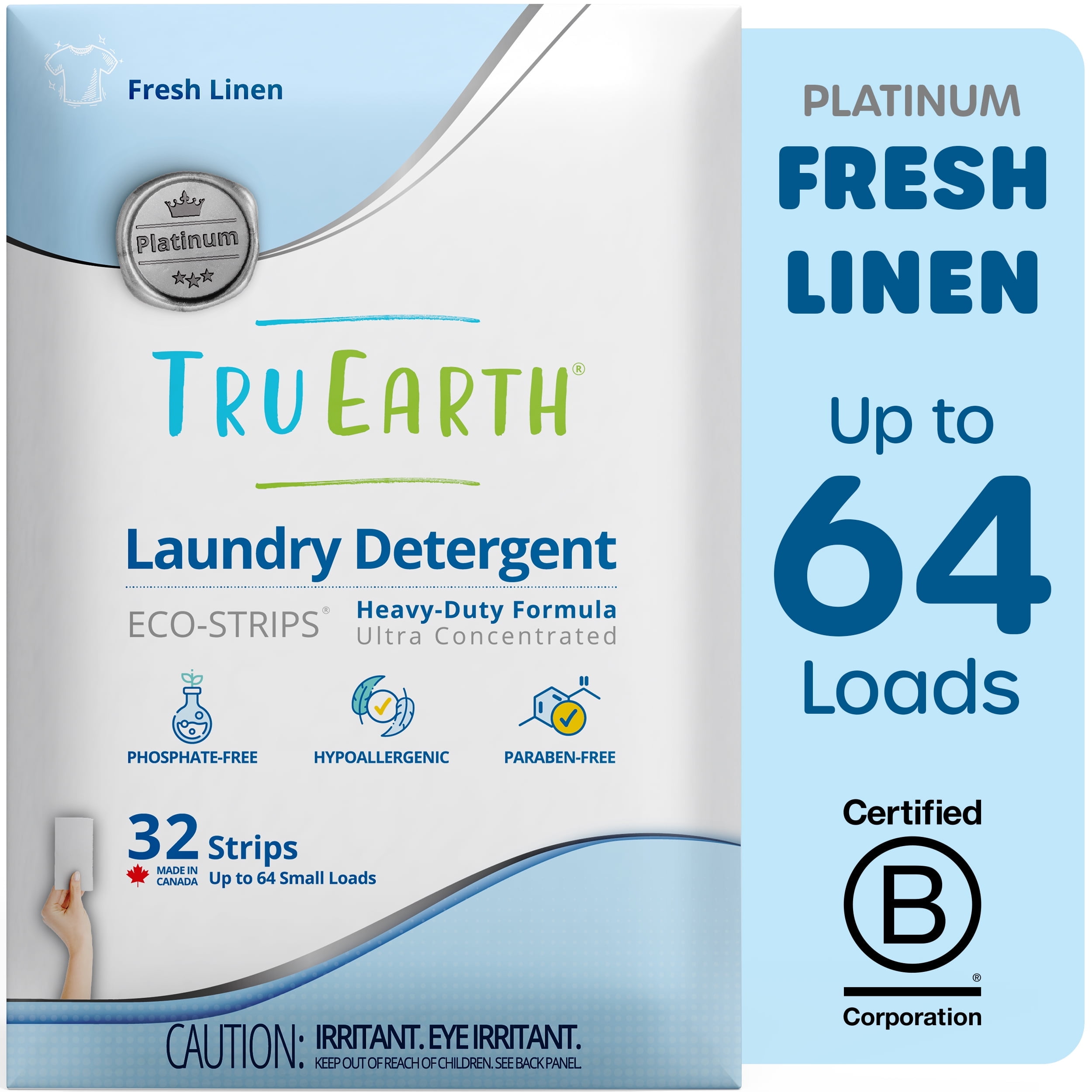 Tru Earth Platinum Laundry Detergent Sheets - Fresh Linen Scent - Up to 64 Loads (32 Sheets) - Laundry Detergent Eco-Strips