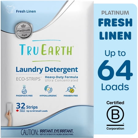 Tru Earth Platinum Laundry Detergent Sheets - Fresh Linen Scent - Up to 64 Loads (32 Sheets) - Laundry Detergent Eco-Strips