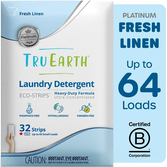 Tru Earth Platinum Laundry Detergent Sheets - Fresh Linen Scent - Up to 64 Loads (32 Sheets) - Laundry Detergent Eco-Strips