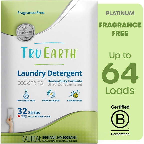 Tru Earth Platinum Laundry Detergent Sheets - Unscented / Fragrance-Free - Up to 64 Loads (32 Sheets) - Laundry Detergent Eco-Strips