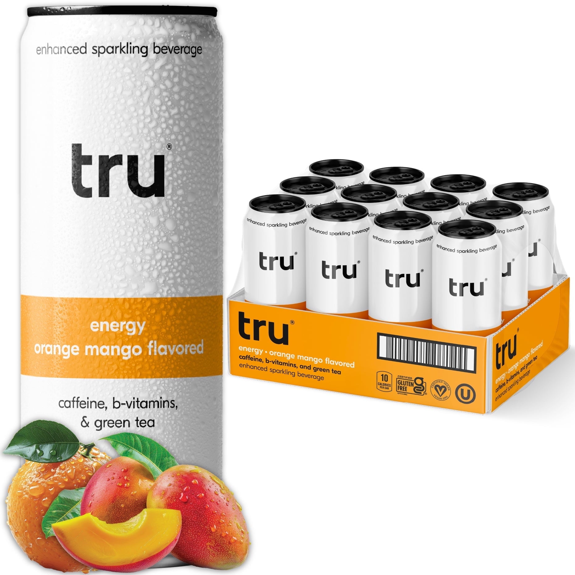 Walmart Saving of  Walmart Black Friday Deals 2025 Tru Energy Seltzer, Orange Mango Flavor, Sparkling Water with 100mg Caffeine, B Vitamins, 12 Pack, 12 Fl Oz Cans
