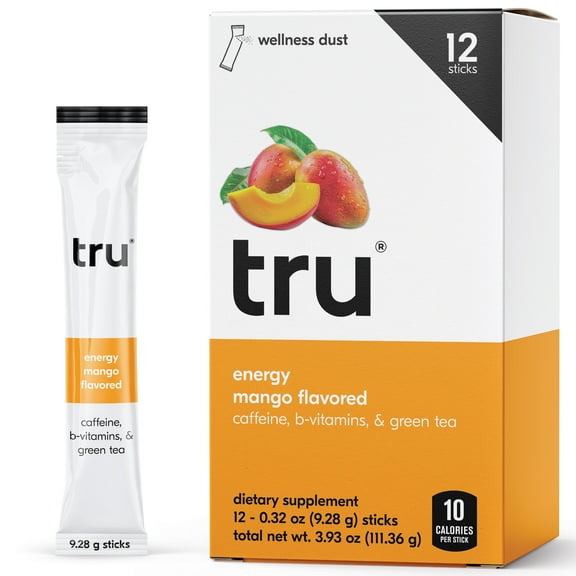 Tru Energy Drink Mix Mango Flavor Natural Caffeine Supplement 12 Count