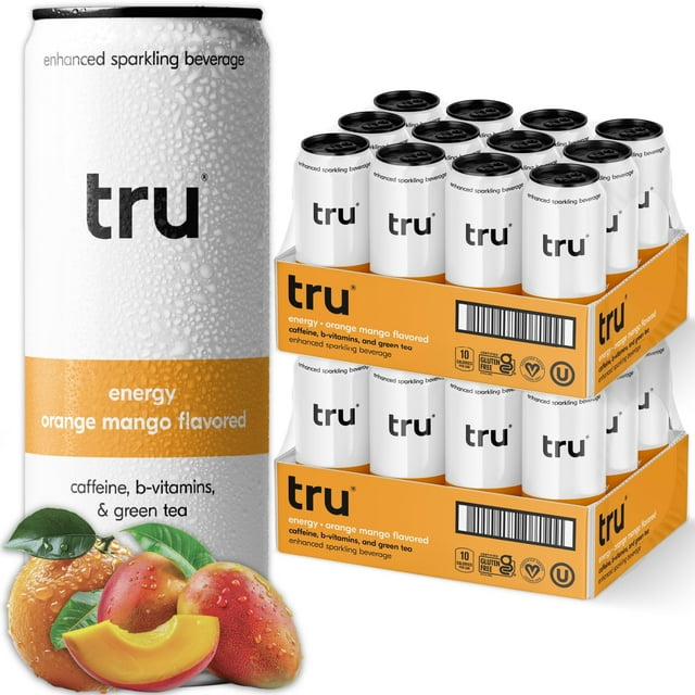 Tru Energy Seltzer, Orange Mango Flavored Sparkling Water Made with