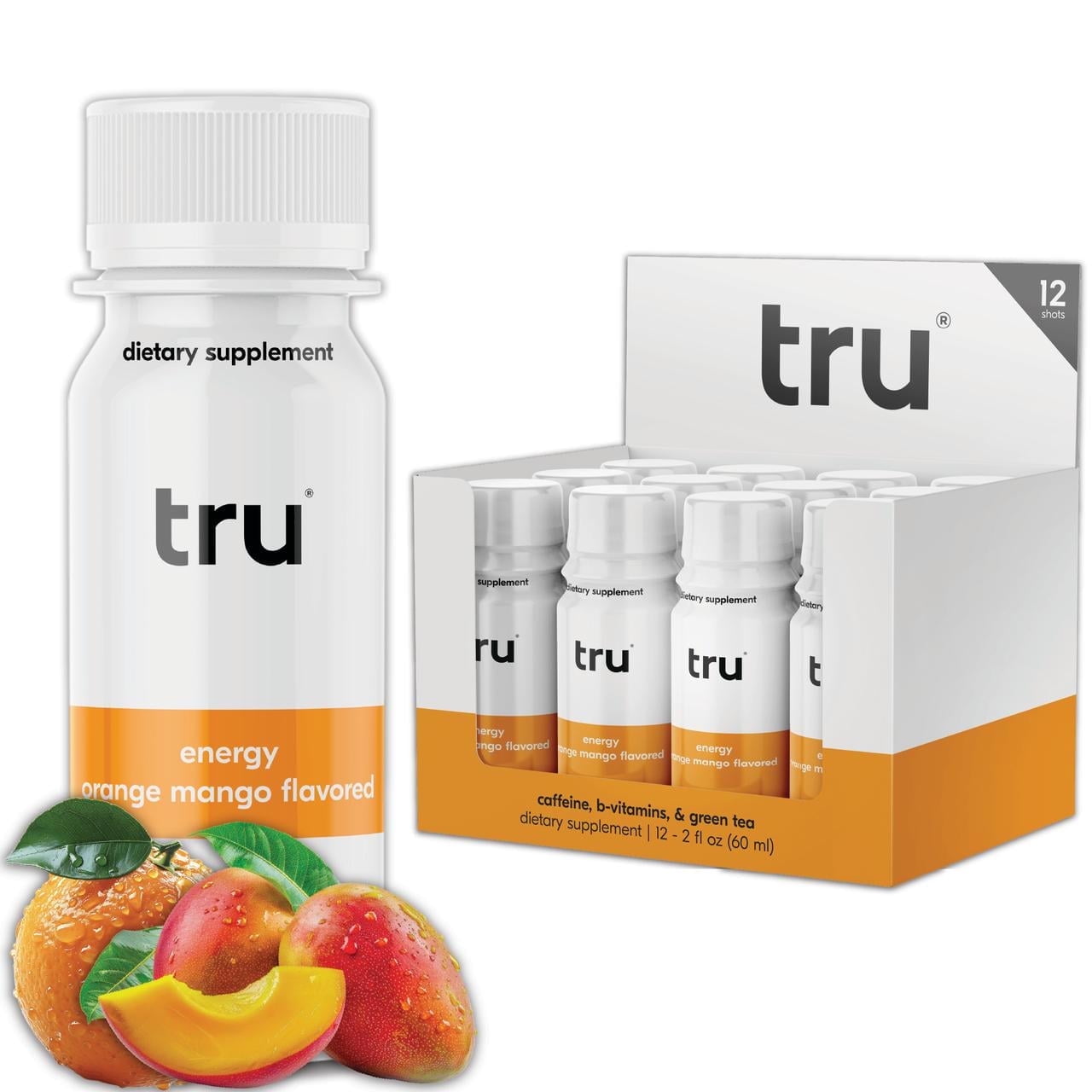 Tru Energy Shot, Extra Strength Energy Drink with Natural Caffeine, Green Tea, B Vitamins B3, B6 & Vitamin B12, Zero Sugar & Calories, Keto, Vegan, Gluten Free, Orange Mango, 2 FL OZ Bottles, 12 Pac