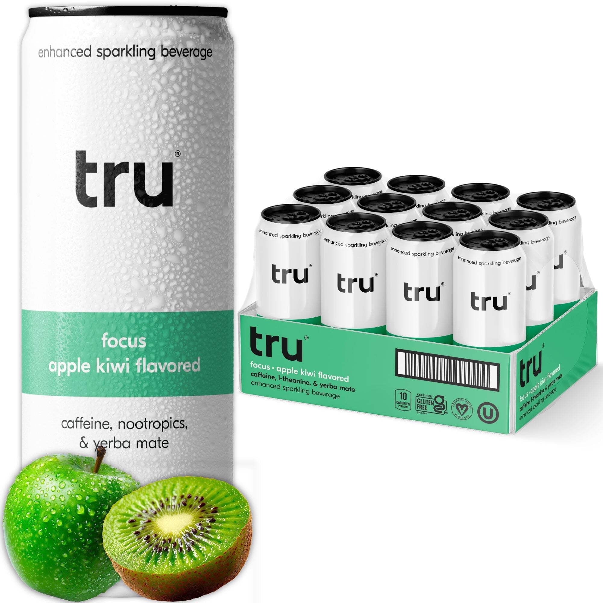 Tru Focus Seltzer, Sparkling Water with Apple Kiwi, Yerba Mate, L