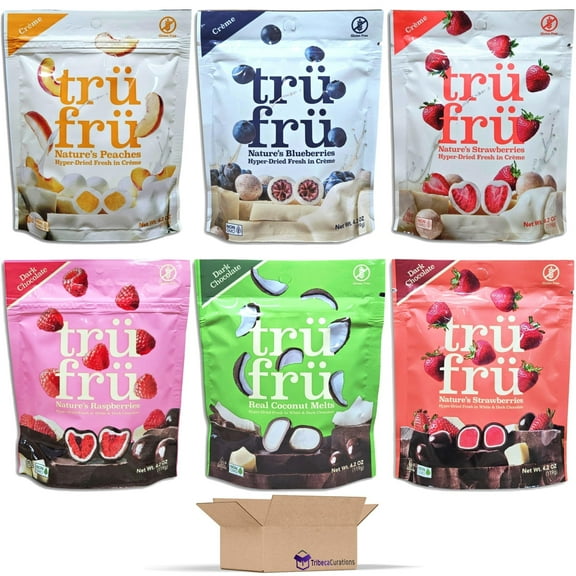 Tru Fru Chocolate & Creme Covered Hyper-Dried Fresh Fruit Variety Pack |  Blueberry, Coconut, Peach, Raspberry, & Strawberry | 4.2 Ounce | Pack of 6