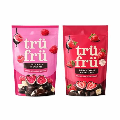 Tru Fru Dark & White Chocolate Covered Freeze-Dried Fruit Variety Pack, Raspberry & Strawberry, Real Fruit Snacks, Crunchy Chocolate Coated Treats, 3.4 Oz (Pack Of 2)