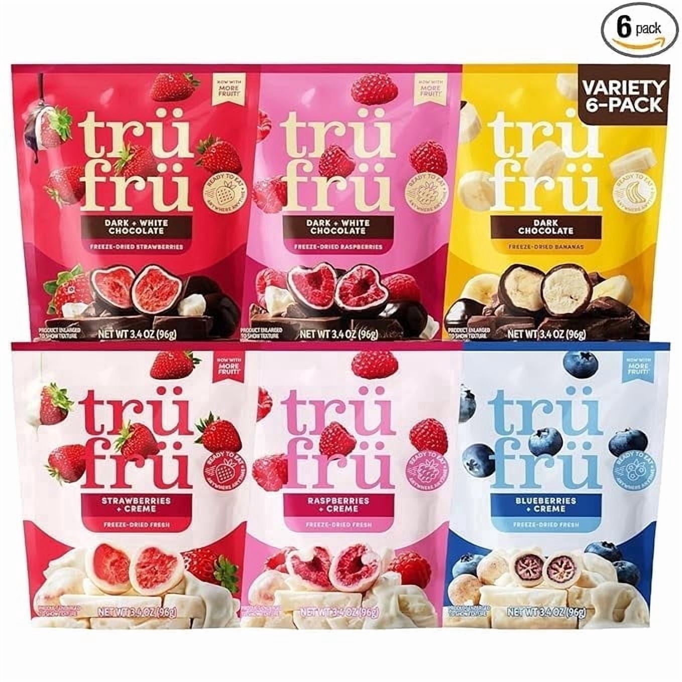 Tru Fru Freeze-Dried Chocolate Covered Fruit Variety Pack, Strawberries, Raspberries, Bananas, Strawberries & Crème, Raspberries & Crème, Blueberries & Crème, 3.4 oz Bags  6 count