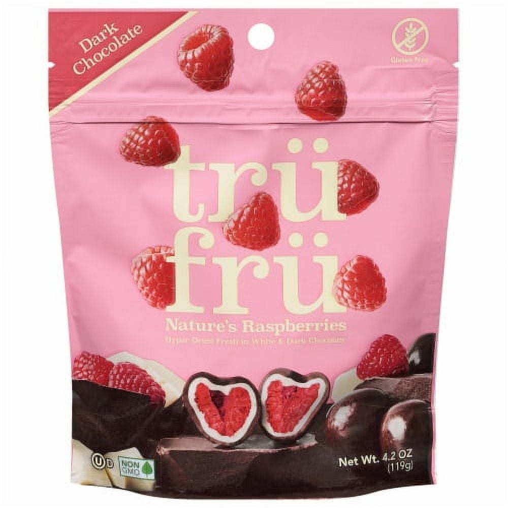 Tru Fru Hyper-Dried Raspberries Covered in Dark Chocolate Candy Bag
