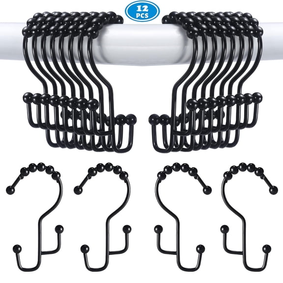 Tru-Glide Brushed Matte Black Premium Rustproof Stainless Steel Rollerball Shower Curtain Rings Stepped Double Hooks, 12 Count