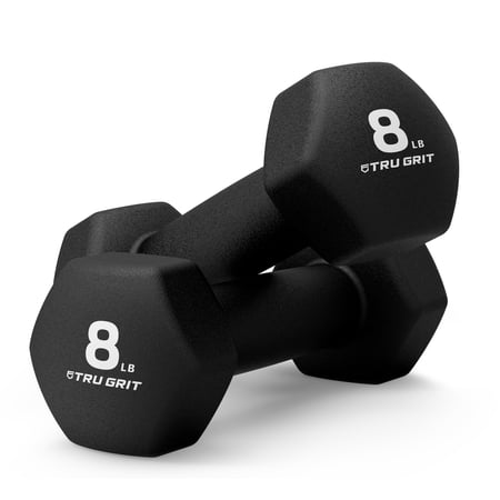 Tru Grit Fitness Set Of 2 Neoprene Black Hex Dumbbell 8 lb Hand Weights, Anti-Slip, Anti-Roll