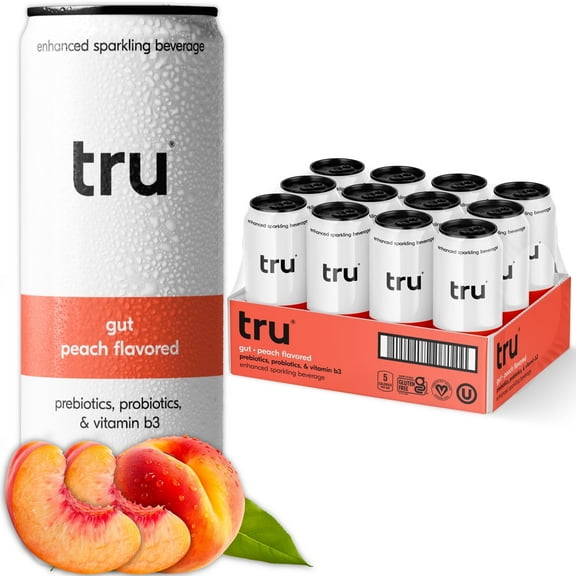 Tru Gut Sparking Water Peach Flavored Prebiotic Drink 12 Pack 12 oz