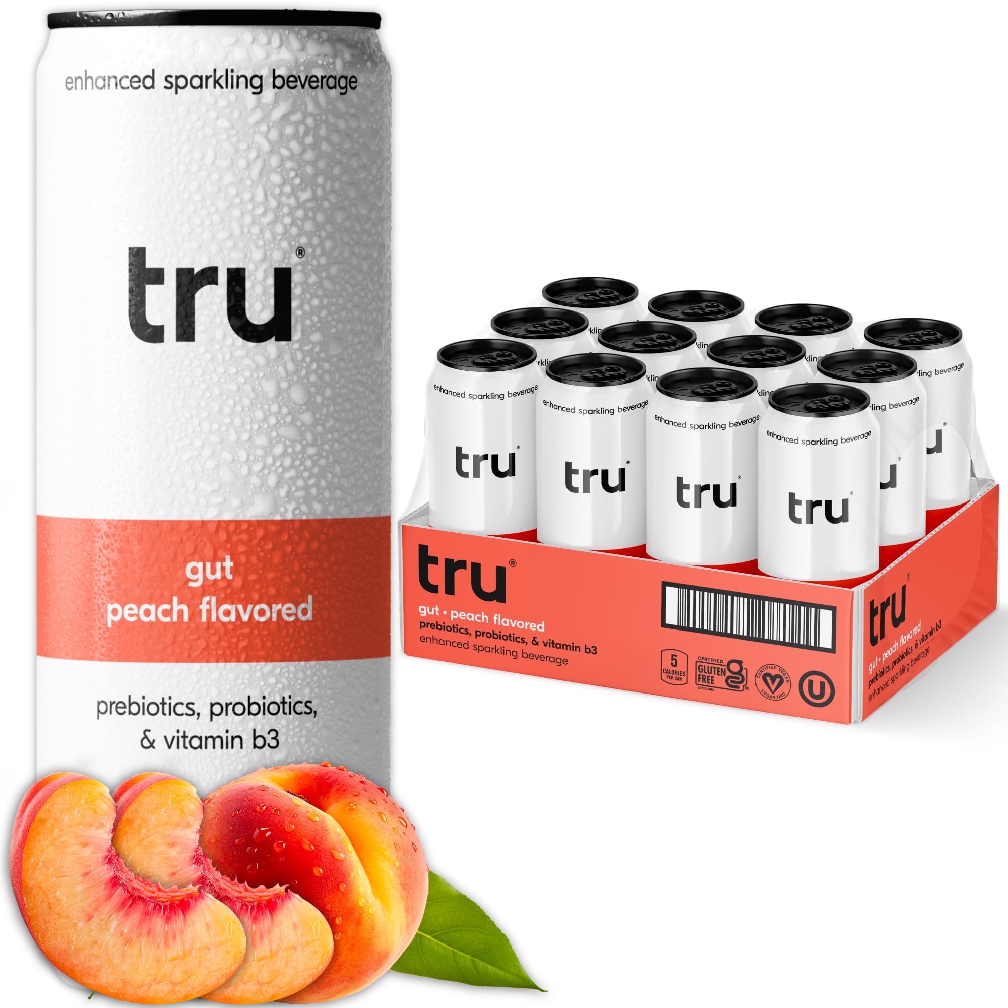 Tru Gut Sparking Water Peach Flavored Prebiotic Drink 12 Pack 12 oz