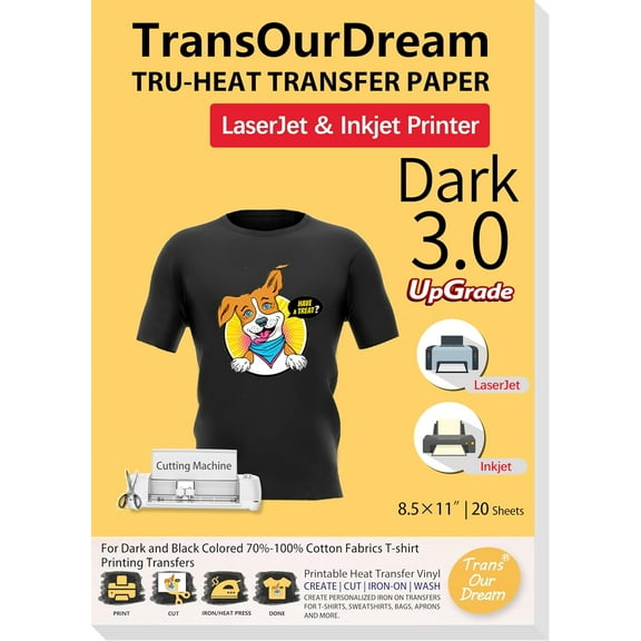 Tru-Heat Transfer Paper for Inkjet & Laserjet Printer (20 Sheets, 8.5x11", Dark 3.0) Printable HTV Heat Transfer Vinyl for T Shirts Iron on Transfers for Dark Fabrics (TRANS-D3-20)