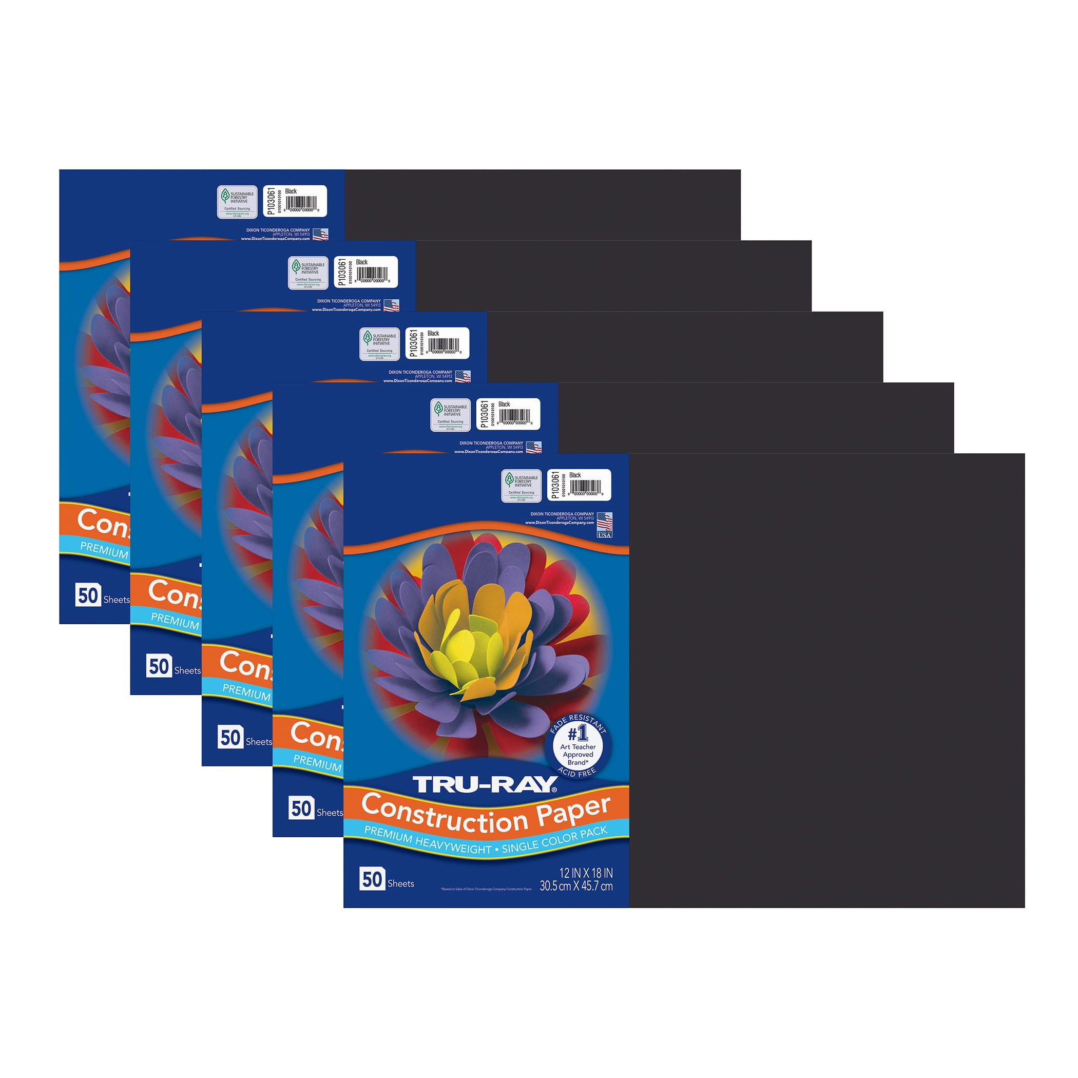 Tru-Ray Construction Paper, Heavyweight, Black, 12" x 18", 50 Sheets Per Pack, 5 Packs