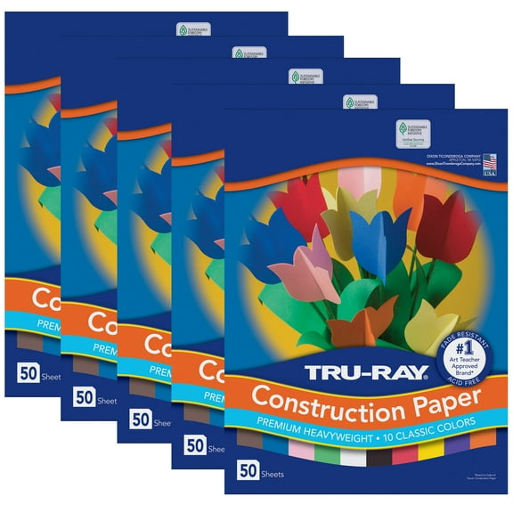 Tru-Ray Construction Paper Classic Assortment, Heavyweight, 10 Classic Colors, 9" x 12", 50 Sheets Per Pack, 5 Packs