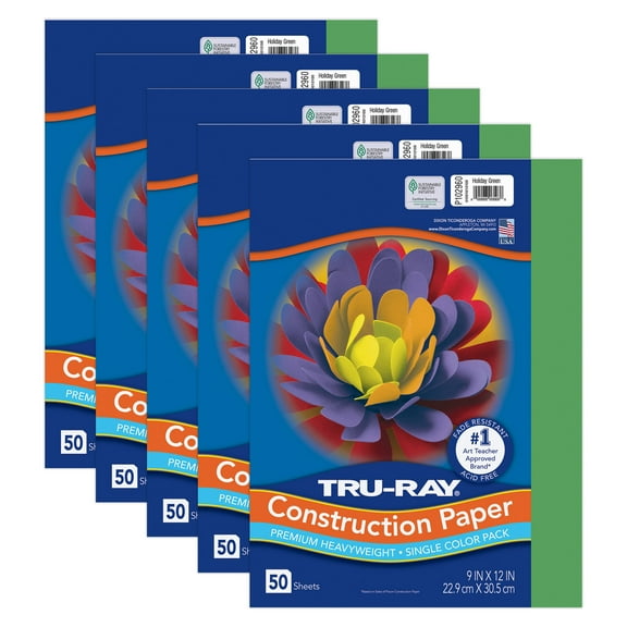 Tru-Ray Construction Paper, Heavyweight, Holiday Green, 9" x 12", 50 Sheets Per Pack, 5 Packs