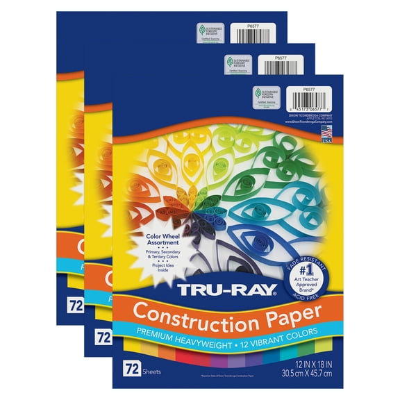 Tru-Ray Construction Paper, Heavyweight, Color Wheel Assortment, 12 Vibrant Colors, 12" x 18", 72 Sheets Per Pack, 3 Packs