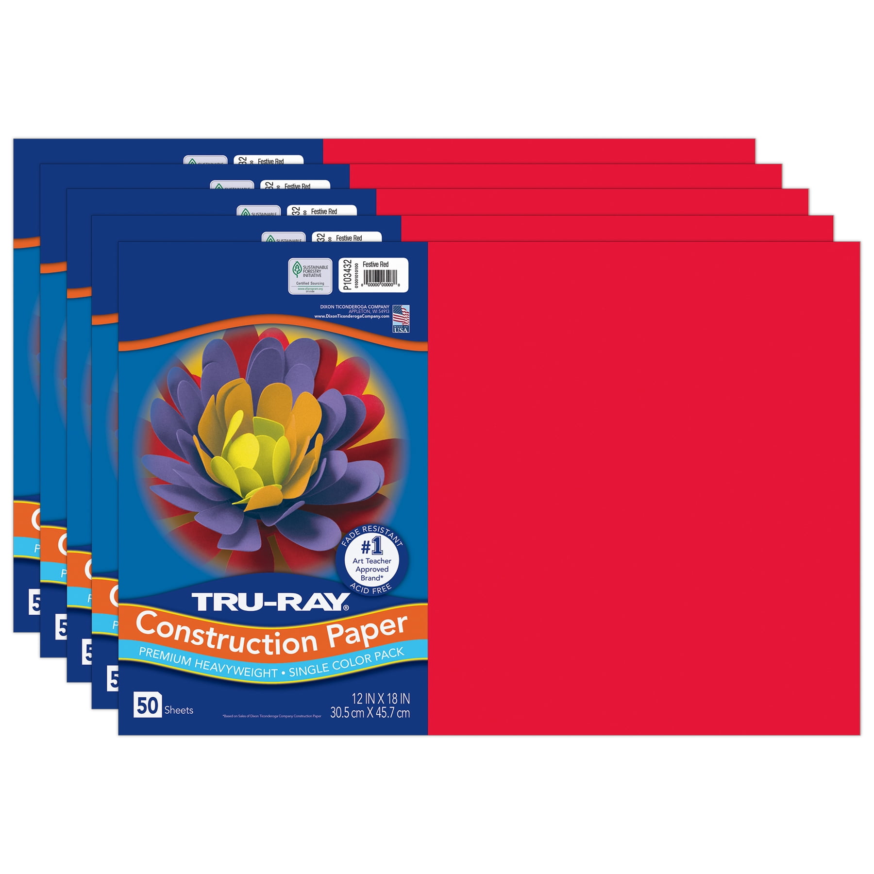 Tru-Ray Construction Paper, Heavyweight, Festive Red, 12" x 18", 50 Sheets Per Pack, 5 Packs