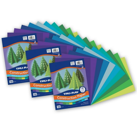 Tru-Ray Construction Paper, Heavyweight, Cool Assorted, 9" x 12", 150 Sheets Per Pack, 3 Packs