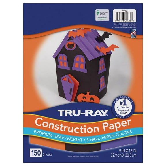 Tru-Ray Construction Paper, Heavyweight, Halloween Assortment, Black, Orange, Purple, 9" x 12", 150 sheets