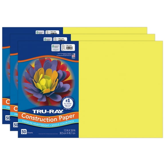 Tru-Ray Construction Paper, Heavyweight, Lively Lemon, 12" x 18", 50 Sheets Per Pack, 3 Packs