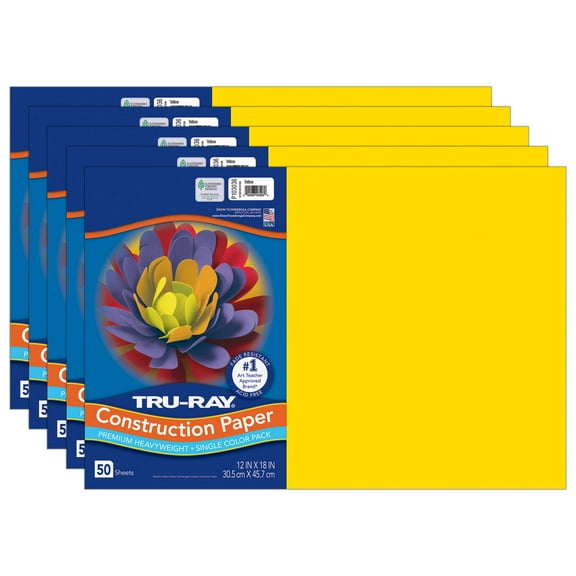 Tru-Ray Construction Paper, Heavyweight, Yellow, 12" x 18", 50 Sheets Per Pack, 5 Packs