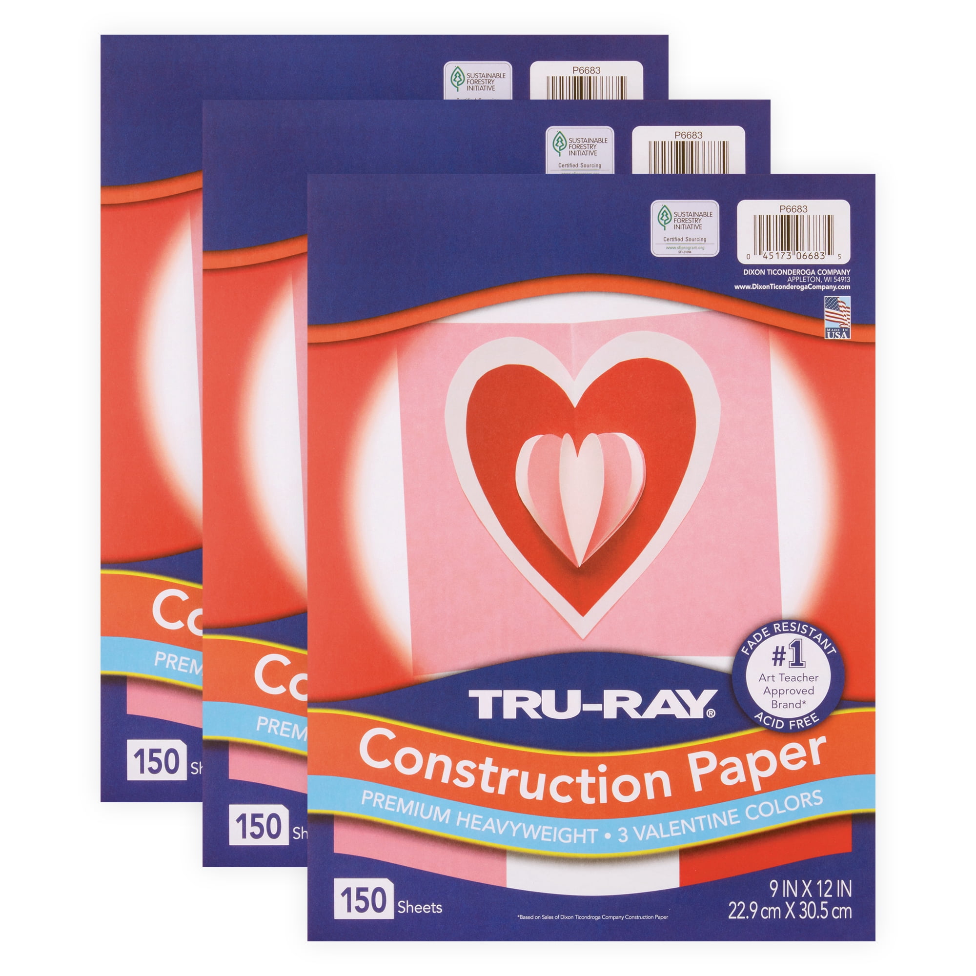 Tru-Ray Construction Paper, Heavyweight, Valentine Assortment, 9" x 12", 150 Sheets Per Pack, 3 Packs