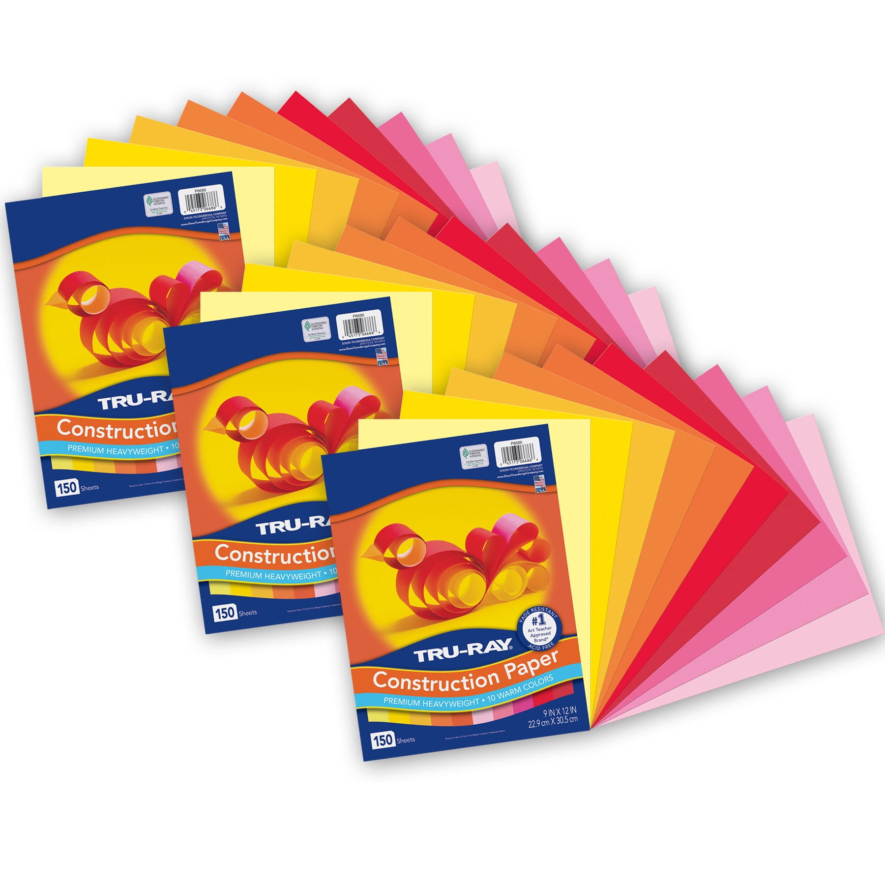Tru-Ray Construction Paper, Heavyweight, Warm Assorted, 9" x 12", 150 Sheets Per Pack, 3 Packs