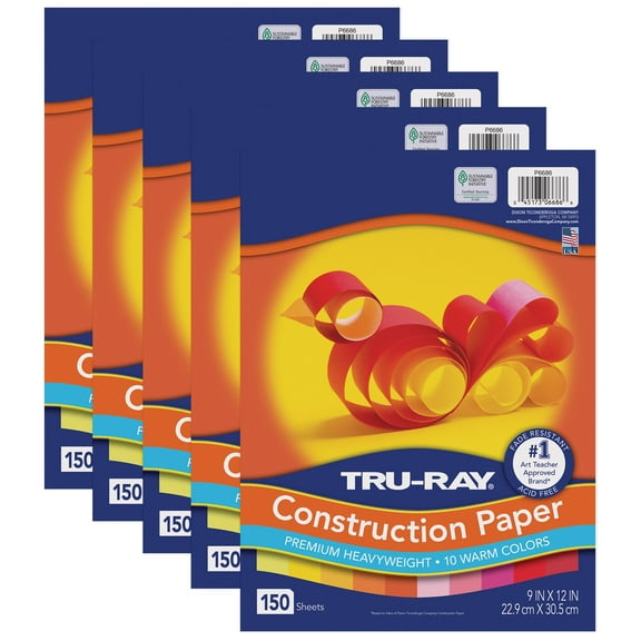 Tru-Ray Construction Paper, Heavyweight, Warm Assorted, 9" x 12", 150 Sheets Per Pack, 5 Packs