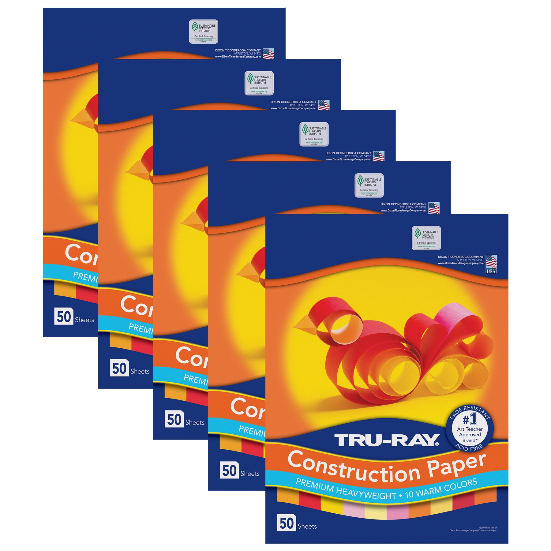Tru-Ray Construction Paper, Heavyweight, Warm Assorted, 9" x 12", 50 Sheets Per Pack, 5 Packs