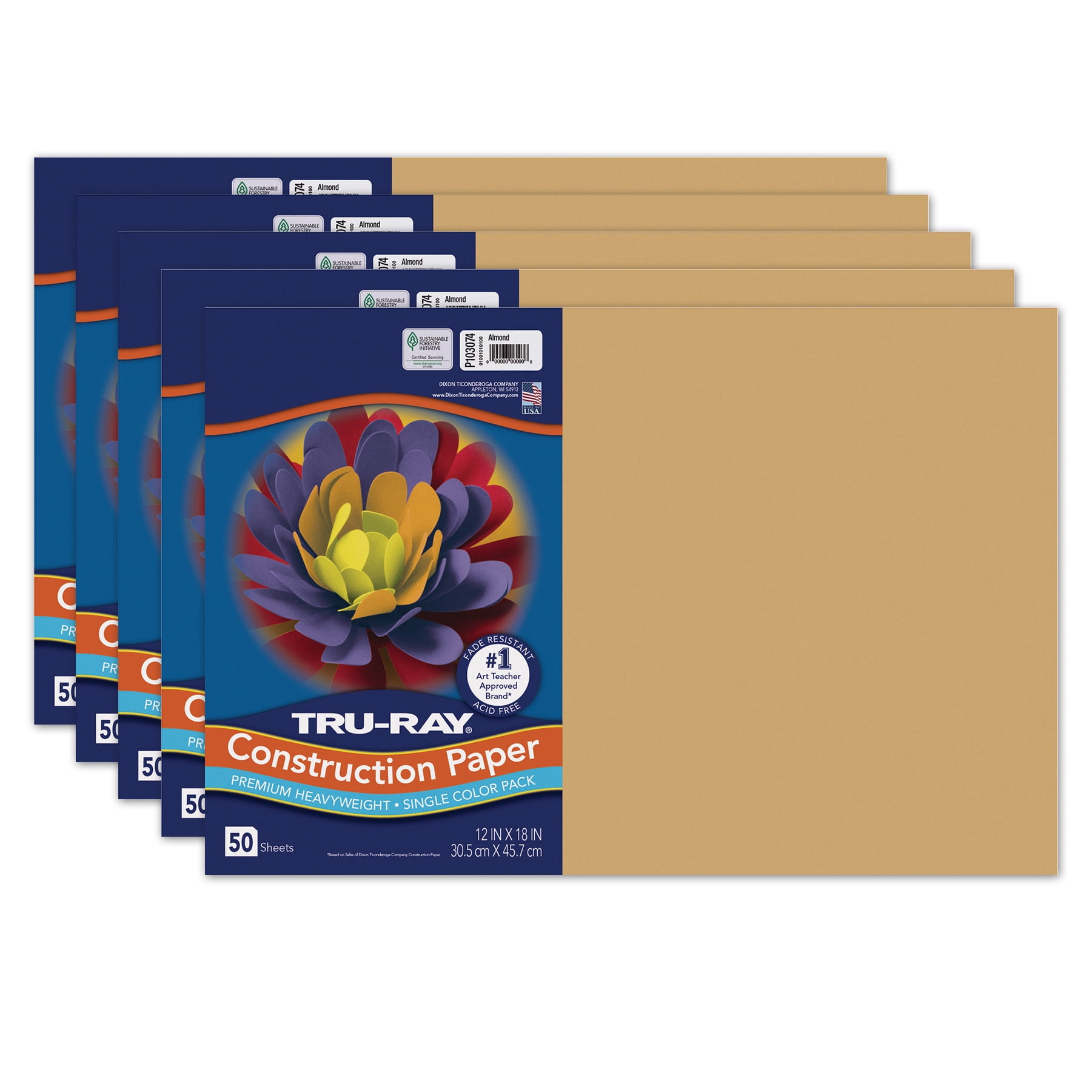 Tru-Ray Construction Paper, Heavyweight, Almond, 12" x 18", 50 Sheets Per Pack, 5 Packs