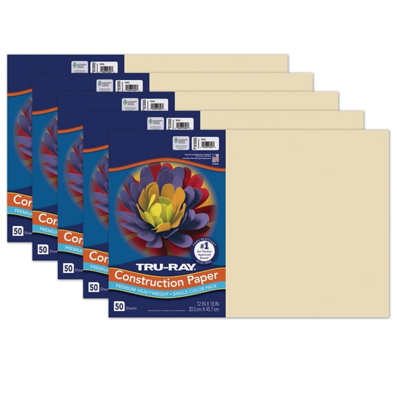 Tru-Ray Construction Paper, Heavyweight, Ivory, 12" x 18", 50 Sheets Per Pack, 5 Packs