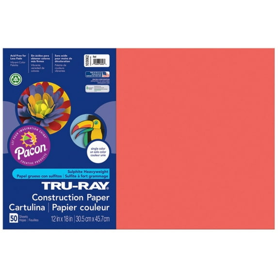 Pacon Tru-Ray Construction Paper, 76 lbs., 12 x 18, Red, 50 Sheets/Pack -PAC103062