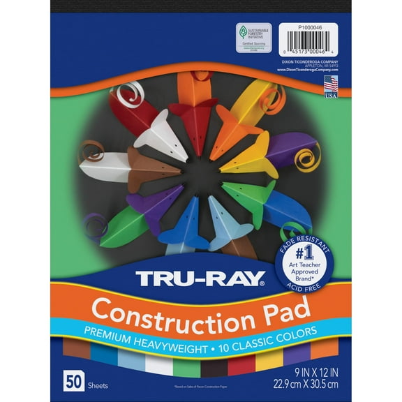 Tru-Ray Pacon 9-inch x 12-inch MDA05 Construction Paper, Assorted Colors, 50 Sheets/Pack, /Pad (P1000046)