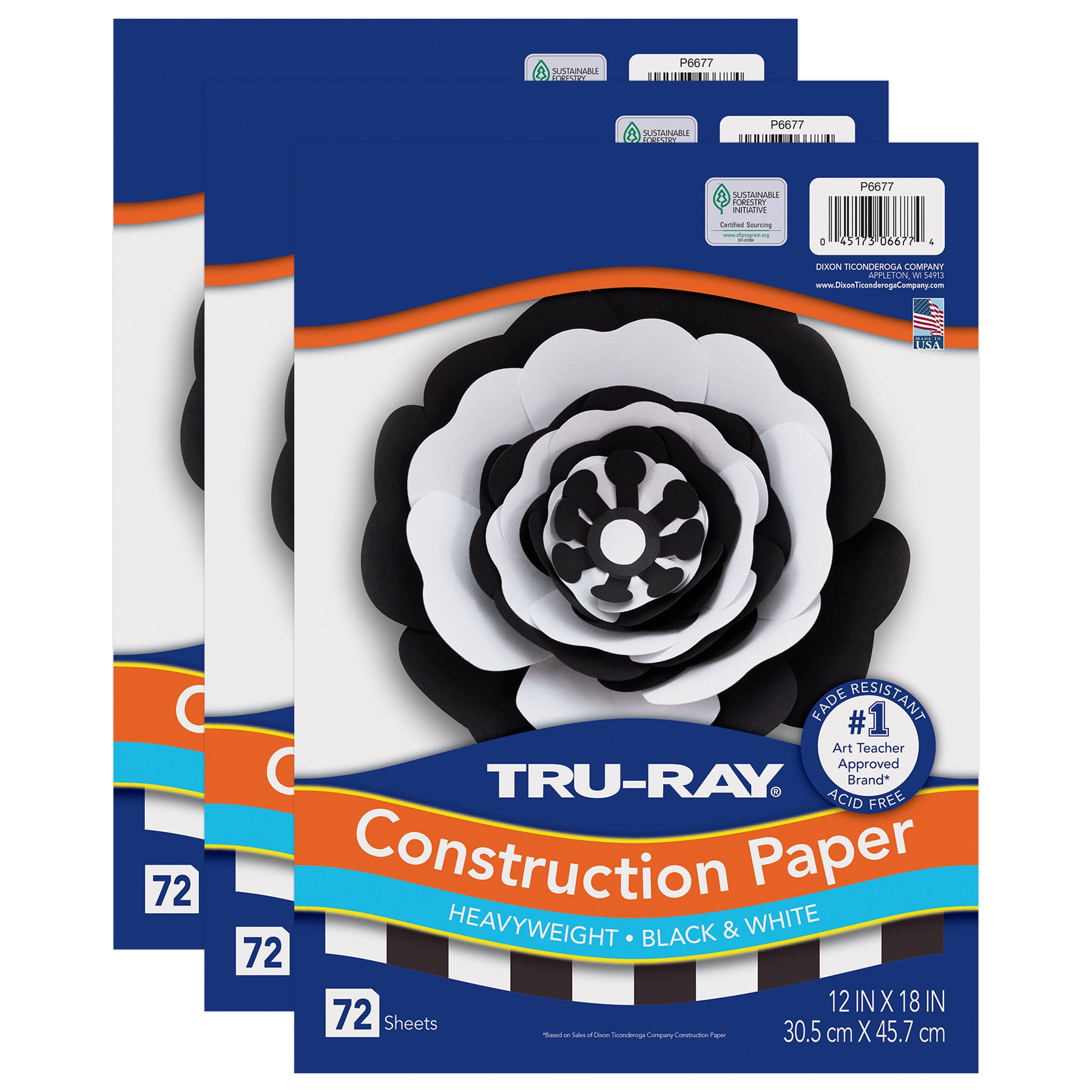 Tru-Ray Premium Construction Paper, Heavyweight, Black & White, 12" x 18", 72 Sheets Per Pack, 3 Packs