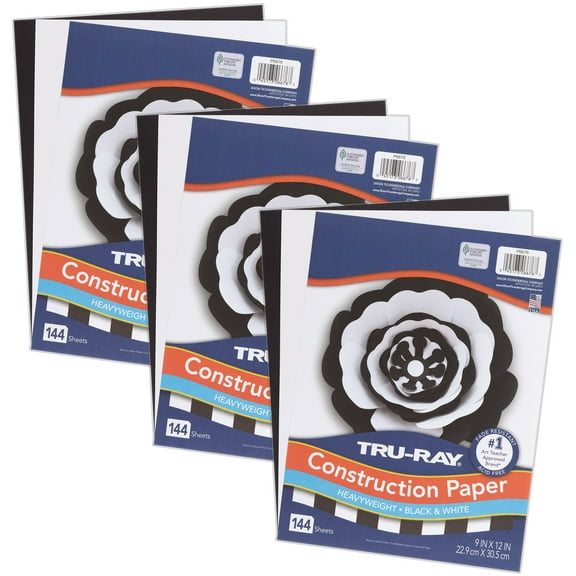Tru-Ray Premium Construction Paper, Heavyweight, Black & White, 9" x 12", 144 Sheets Per Pack, 3 Packs
