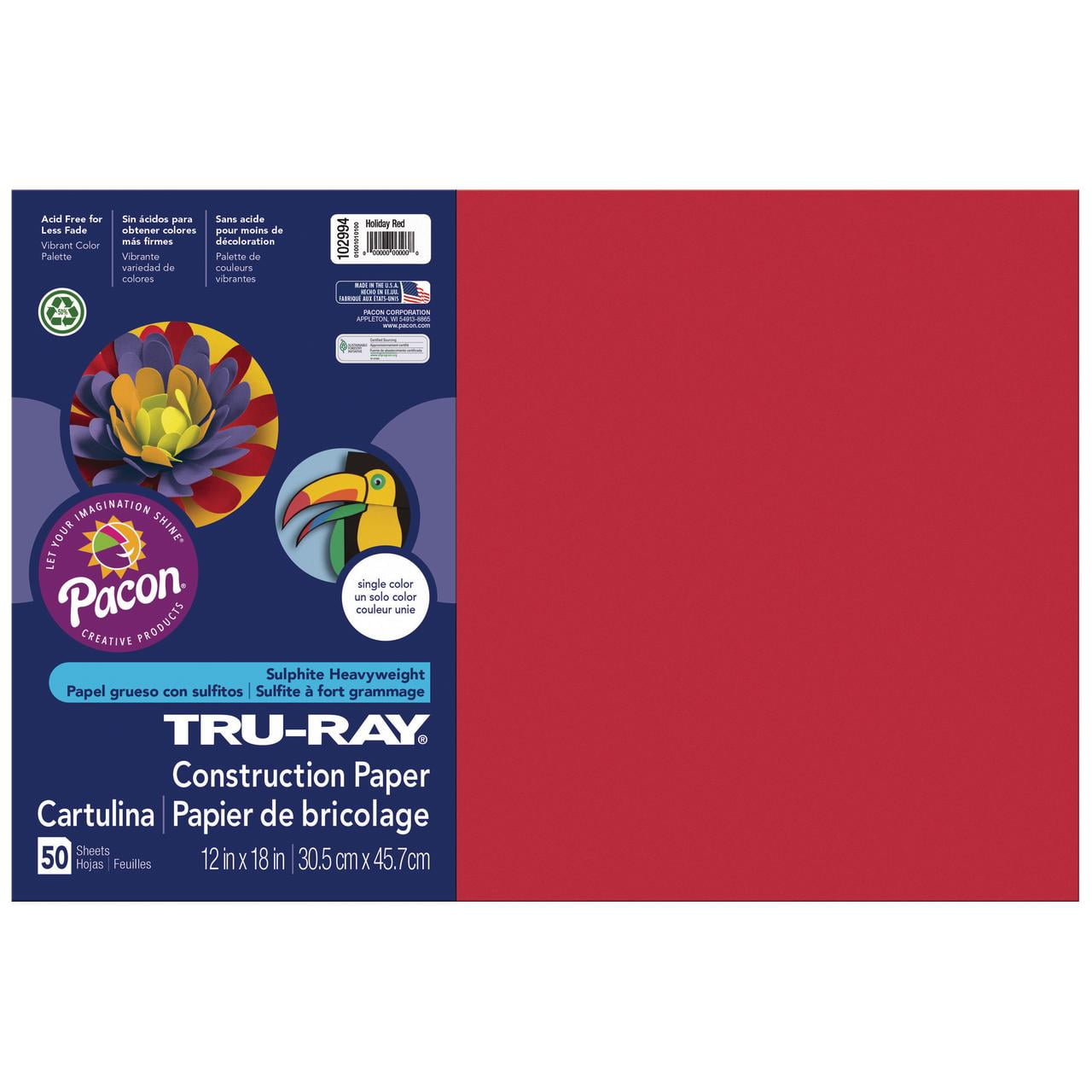 Construction Paper, 58lb, 12 X 18, Holiday Red, 50/pack