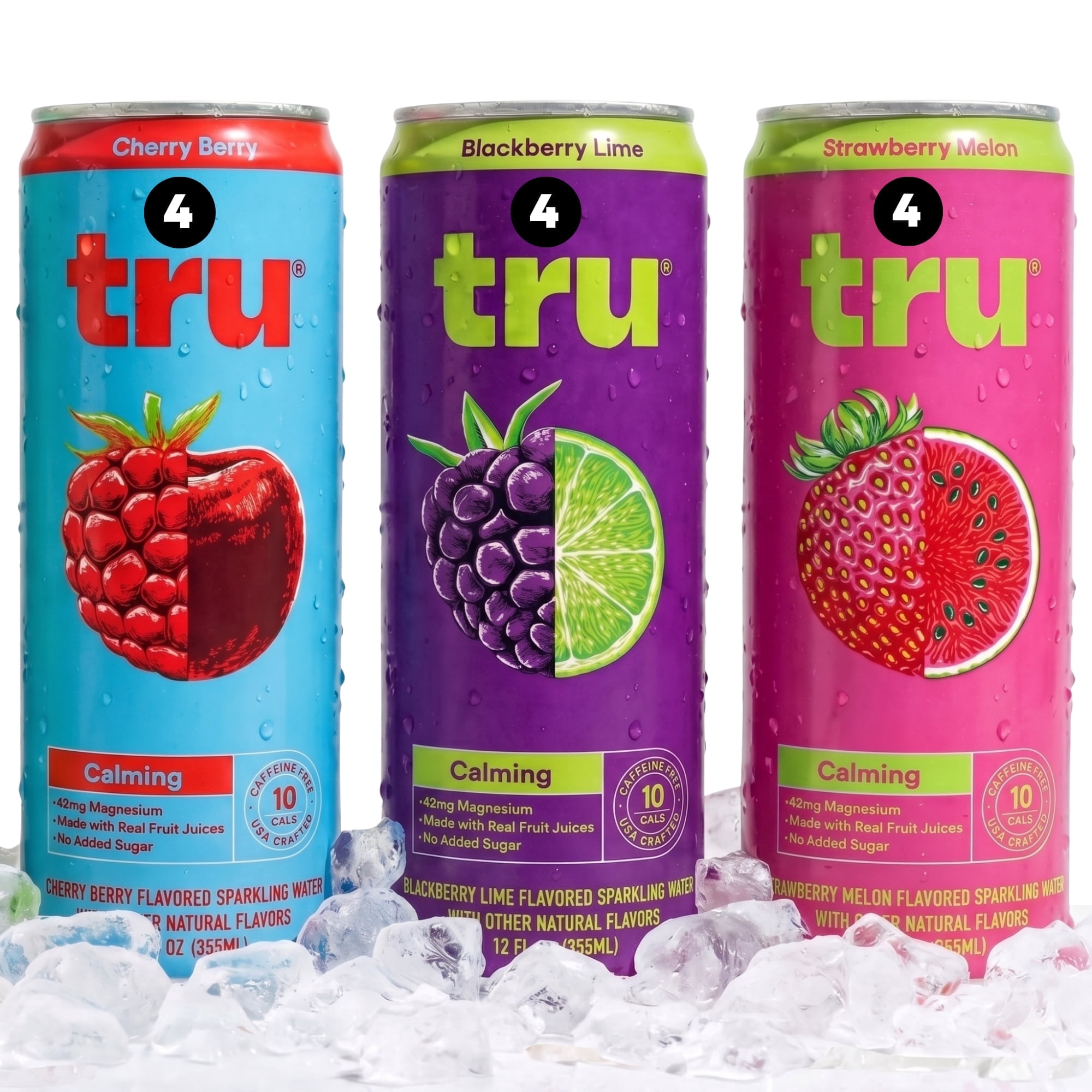 Tru Calming Drink Variety Pack, Magnesium Glycinate Sparkling Water with Real Fruit Juice, 3 Flavors, Caffeine Free, No Added Sugar, Keto, Vegan, Kosher, Gluten Free, 12 Fl Oz (Pack of 12)